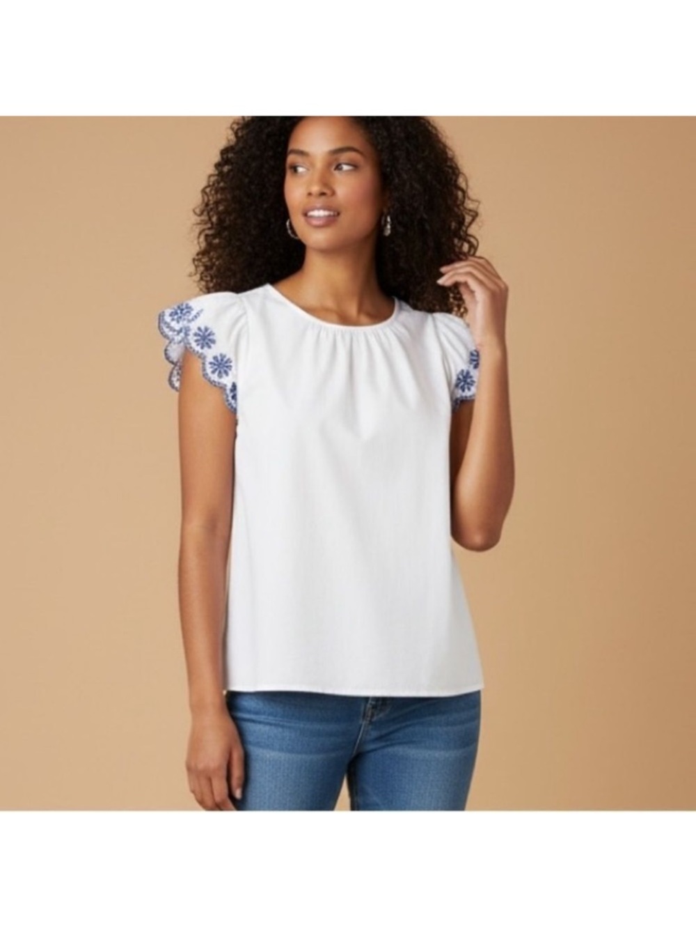 J. Crew white blouse with blue embroidered eyelet sleeves